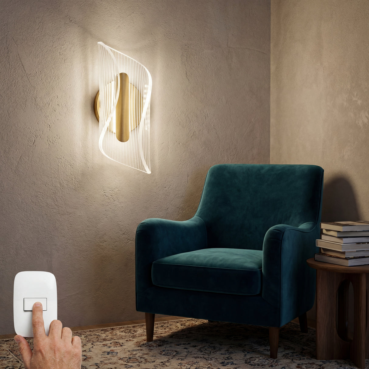 Aplique Vortex Gold sobre un sillon de lectura, destacando su luz tricolor para crear ambientes de relax.