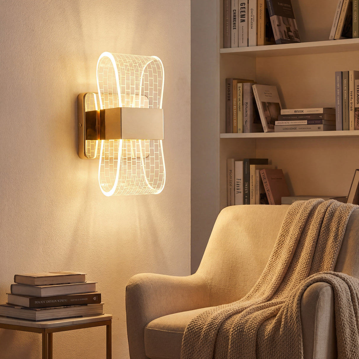 Aplique de pared dorado sobre un cómodo sillón, ideal para crear un espacio de lectura con luz cálida.