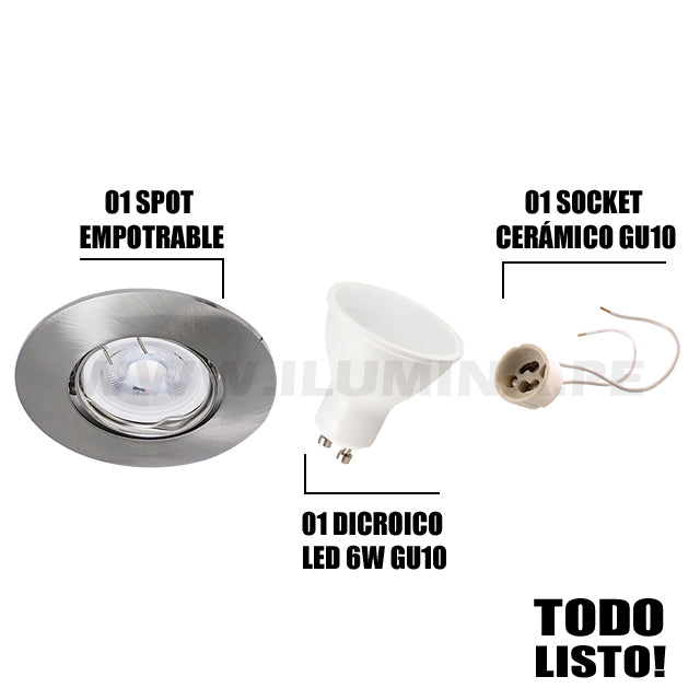 SET COMPLETO - SPOT EMPOTRABLE MODERNO CON DICROICO LED 6W LUZ CÁLIDA 3000K + SOCKET GU10