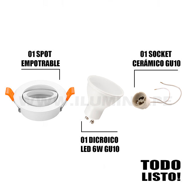 SET COMPLETO - SPOT EMPOTRABLE RECESADO ELIANA CON DICROICO LED 6W LUZ BLANCA 6000K