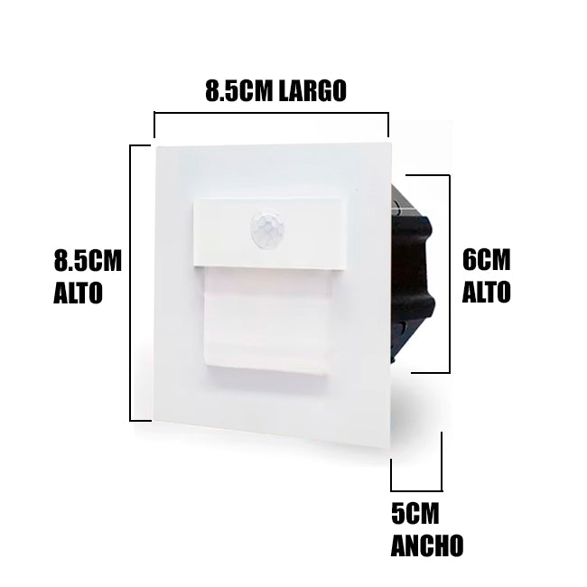 SPOT LUZ GUÍA DE PASO ISIS ASIMÉTRICO LED 3W CUADRADO BLANCO CON SENSOR DE MOVIMIENTO LUZ CÁLIDA