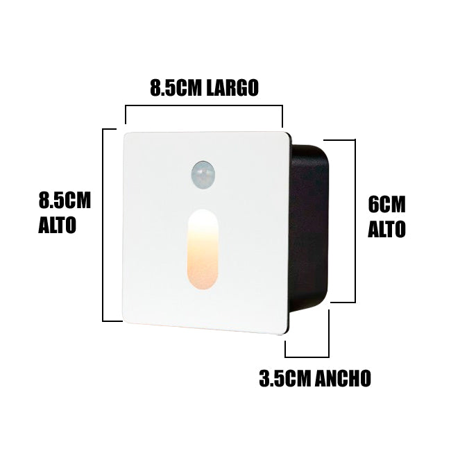 SPOT LUZ GUÍA DE PASO LUCIANA LED ASIMÉTRICO 3W CUADRADO BLANCO CON SENSOR DE MOVIMIENTO LUZ CÁLIDA