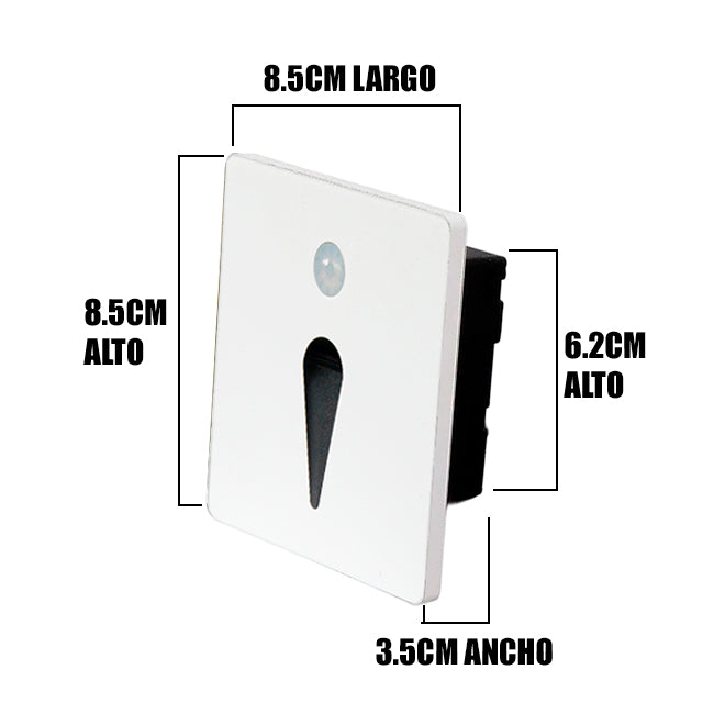 SPOT LUZ GUÍA DE PASO MAITÉ LED ASIMÉTRICO 3W CUADRADO BLANCO CON SENSOR DE MOVIMIENTO LUZ CÁLIDA