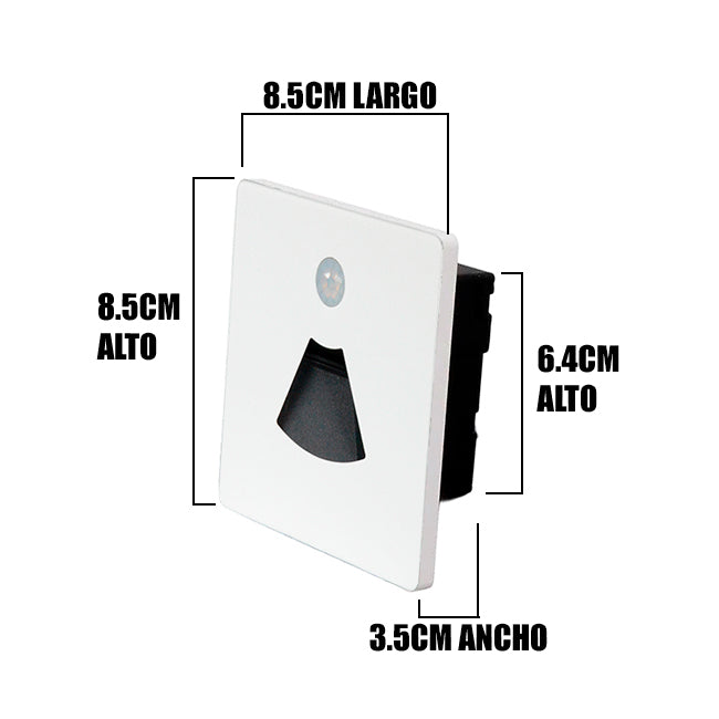 SPOT LUZ GUÍA DE PASO MARCELA LED ASIMÉTRICO 3W CUADRADO BLANCO CON SENSOR DE MOVIMIENTO LUZ CÁLIDA