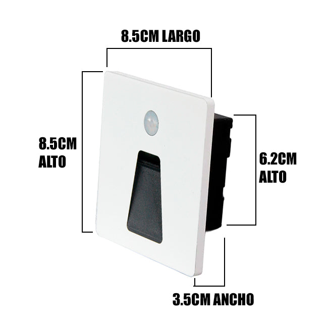 SPOT LUZ GUÍA DE PASO MARCIA LED ASIMÉTRICO 3W CUADRADO BLANCO CON SENSOR DE MOVIMIENTO LUZ CÁLIDA