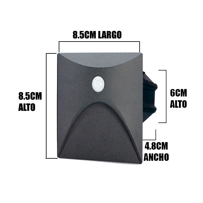 SPOT LUZ GUÍA DE PASO REGINA LED ASIMÉTRICO 3W CUADRADO NEGRO CON SENSOR DE MOVIMIENTO LUZ CÁLIDA