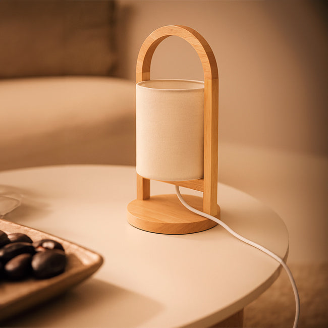 LÁMPARA DE MESA DE MADERA LANA + FOCO LED ÁMBAR G45 4W LUZ CÁLIDA
