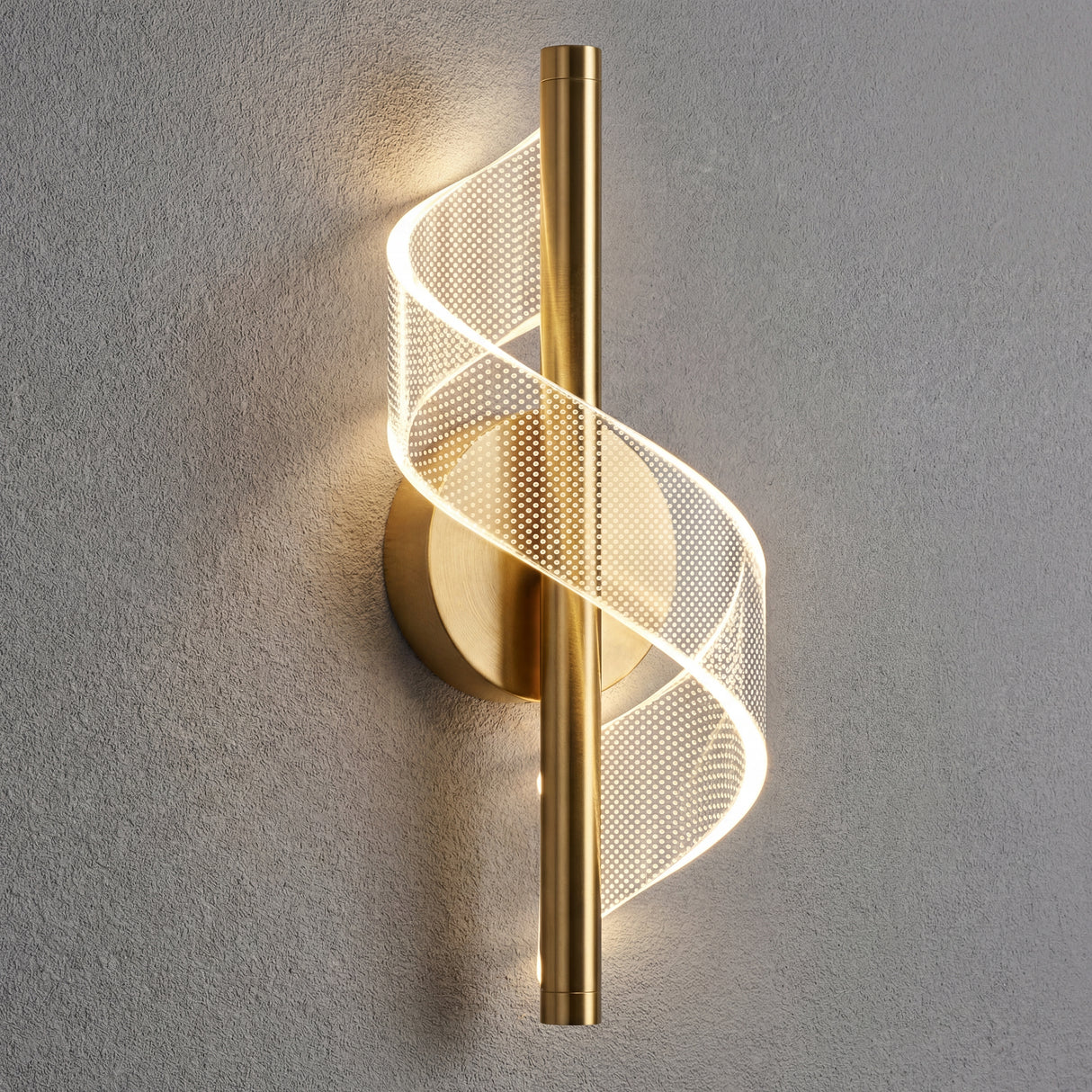 Imagen frontal del aplique Helix Gold destacando el giro de su cinta LED y el acabado oro satinado.