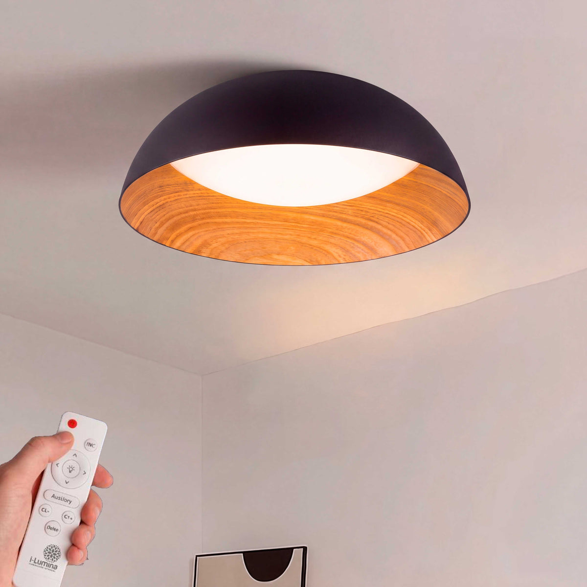 LÁMPARA DE TECHO LED TECA BLACK WOOD + CONTROL REMOTO