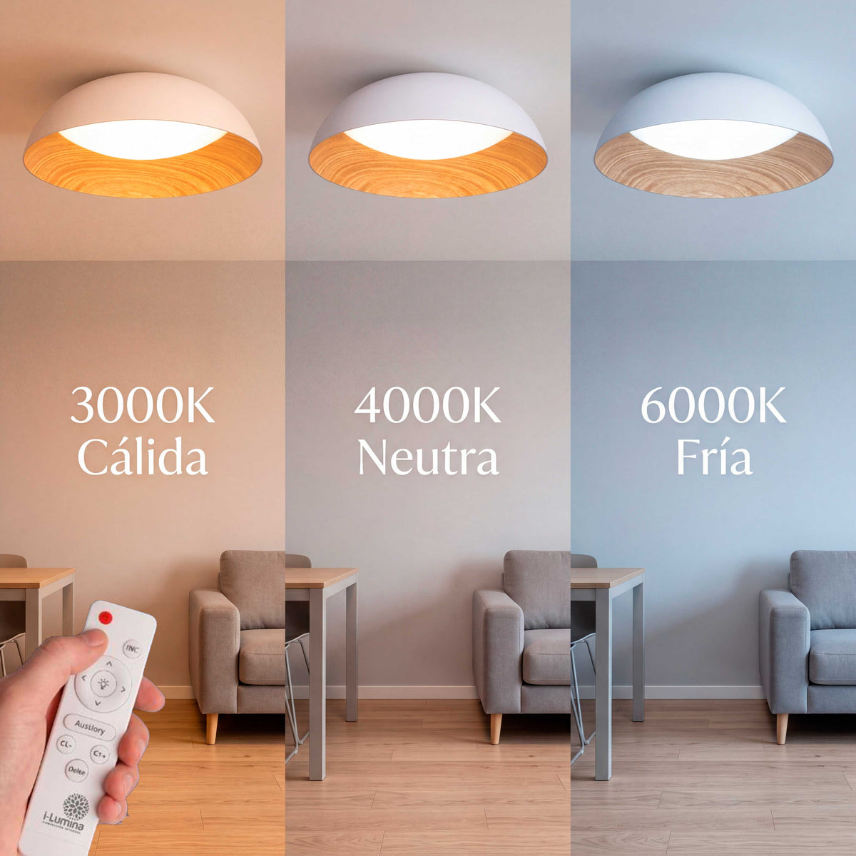 LÁMPARA DE TECHO LED TECA WHITE WOOD + CONTROL REMOTO