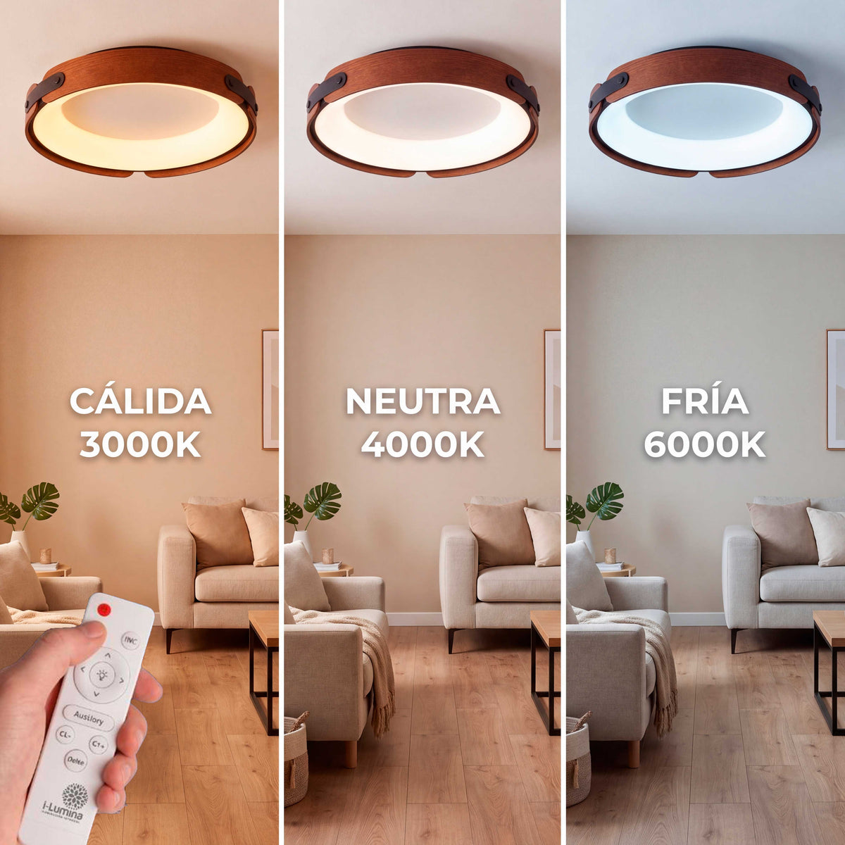 LÁMPARA DE TECHO LED FRIDA EFECTO NOGAL + CONTROL REMOTO