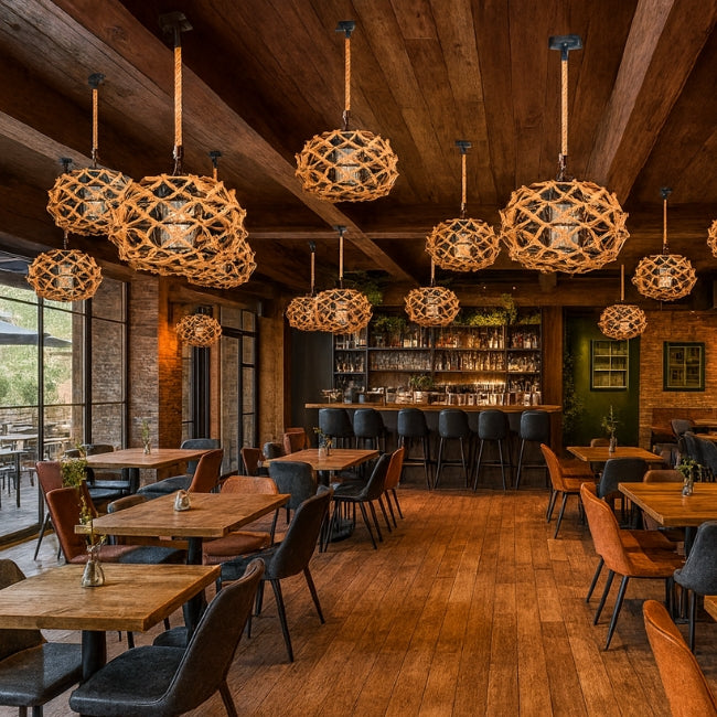 LÁMPARA COLGANTE ARTESANAL FLAVIA + FOCO LED G95 FILAMENTO ÁMBAR 4W 2700K LUZ CÁLIDA