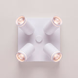 Vista cenital de cuatro reflectores orientables con acabados premium en pintura electrostática blanca.