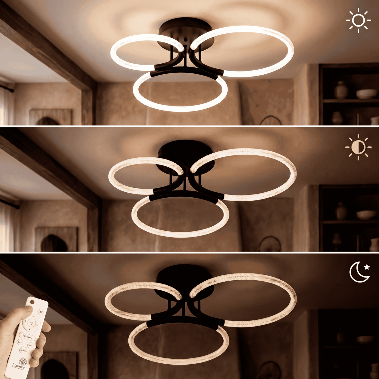 Tres niveles de intensidad lumínica para crear ambientes personalizados en el salón.