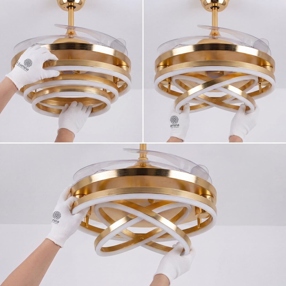 Demostración de la versatilidad de los anillos LED ajustables en el modelo dorado.