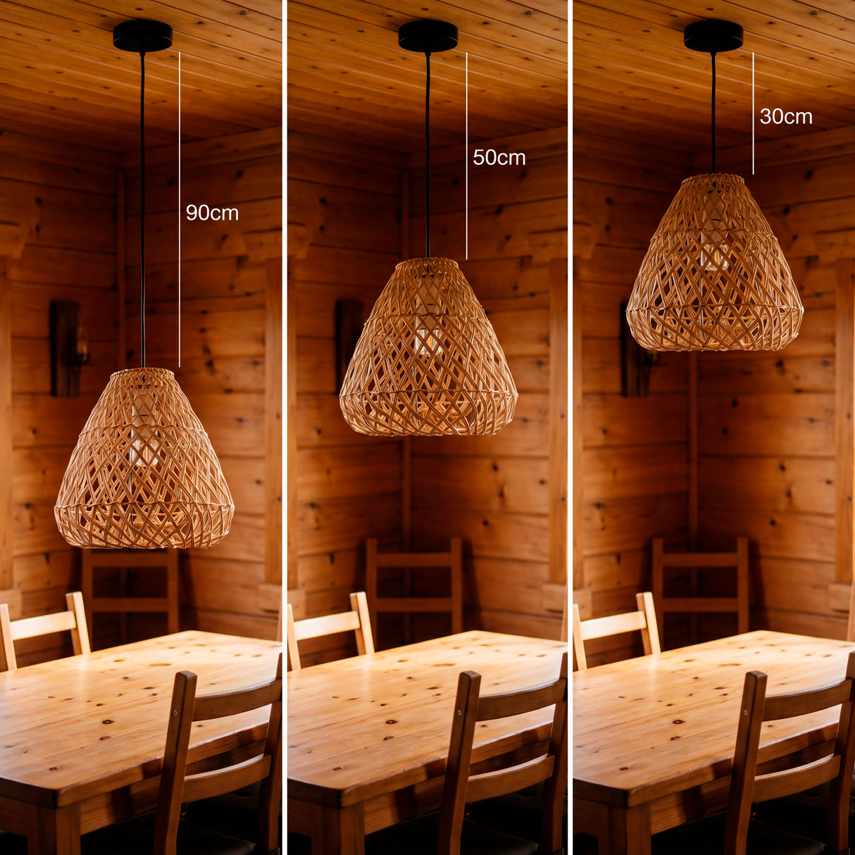 Comparativa de tres alturas de suspensión para diseño de iluminación en restaurantes y cafés.