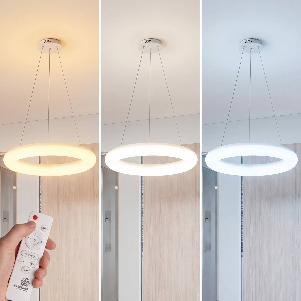Comparativa de tonos de luz: cálida, neutra y fría regulable mediante control remoto.