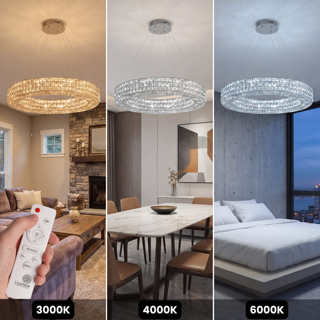 Comparativa de tres temperaturas de color LED para diferentes escenas de iluminación.