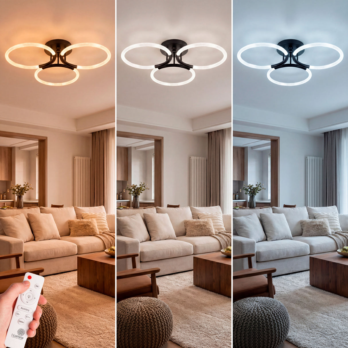 Comparativa de luz cálida, neutra y fría regulable mediante sistema de control inalámbrico.
