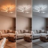 Tres ambientes lumínicos: luz cálida para relax, neutra para diario y fría para trabajo.