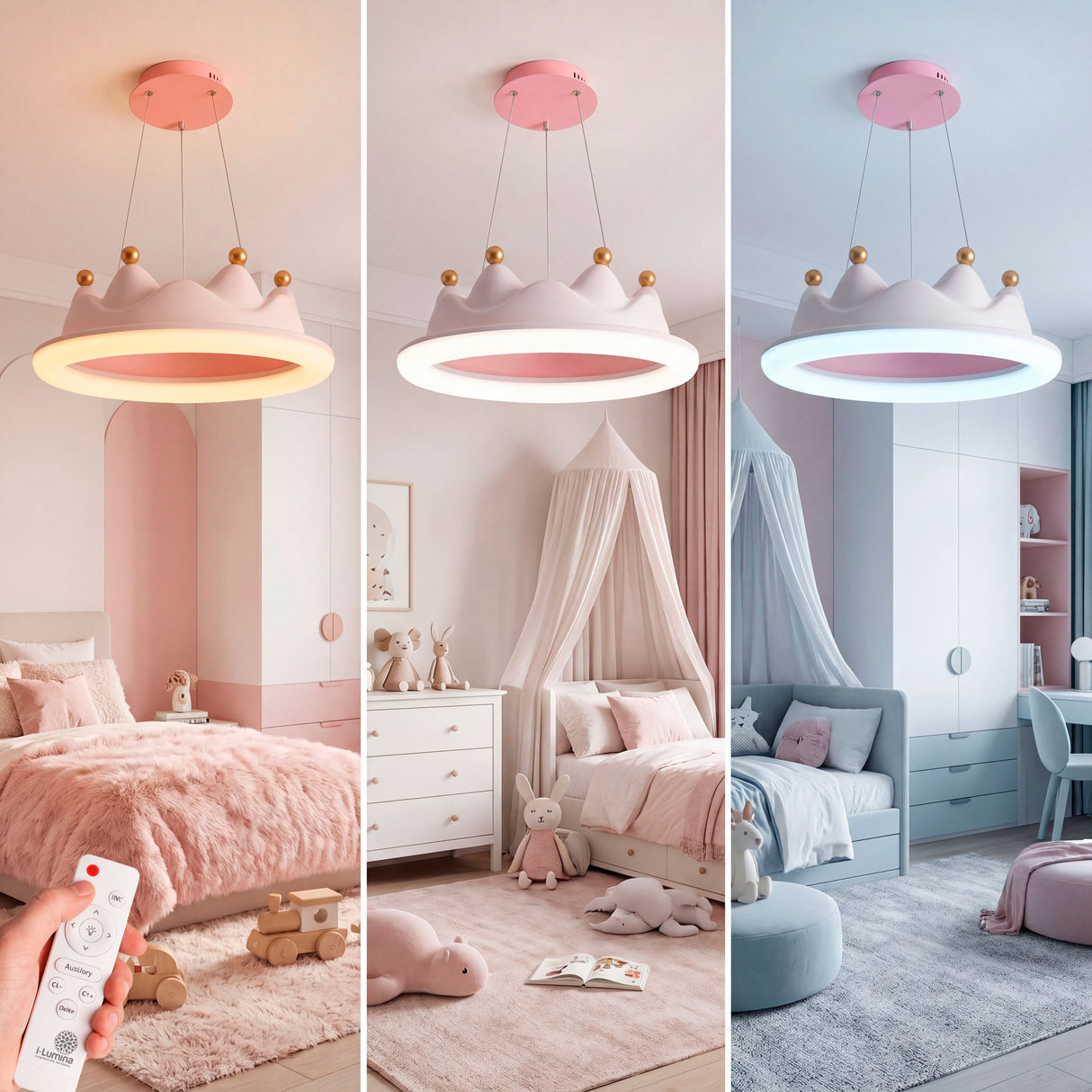 Comparativa de luz cálida, neutra y fría en la lámpara corona mediante mando.