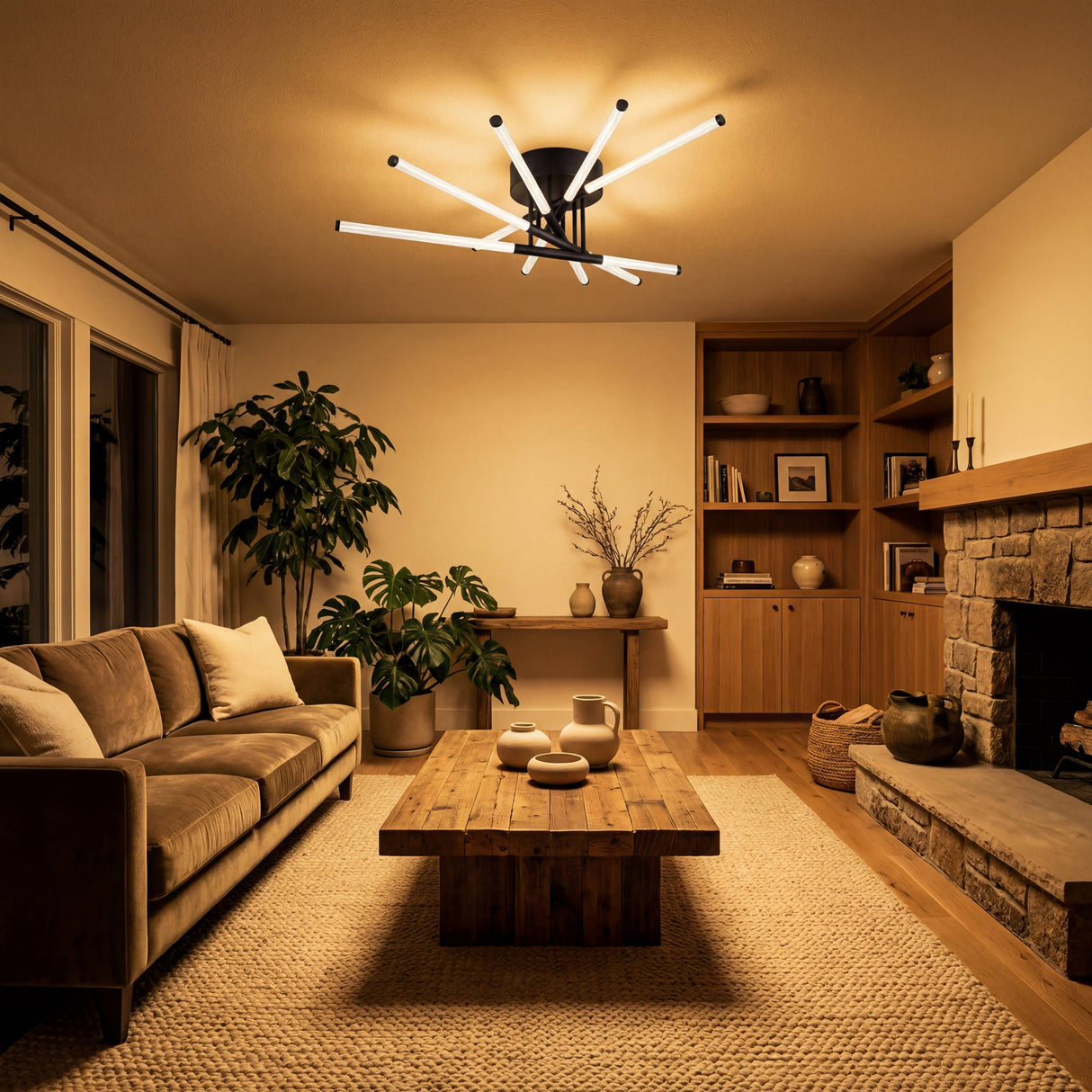 Efecto de luz ambiental cálida para zonas de descanso y confort residencial.
