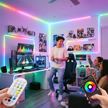 Habitación de juegos con vibrantes tiras de luces LED que se sincronizan con la música, creando una atmósfera dinámica.