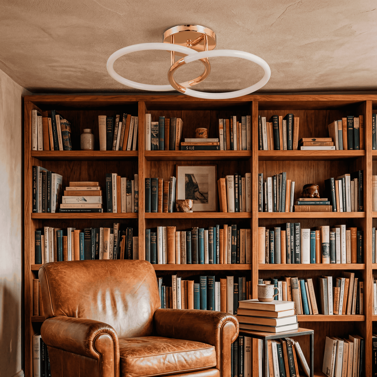 Plafón LED sobre sillón de cuero en biblioteca personal con iluminación acogedora.