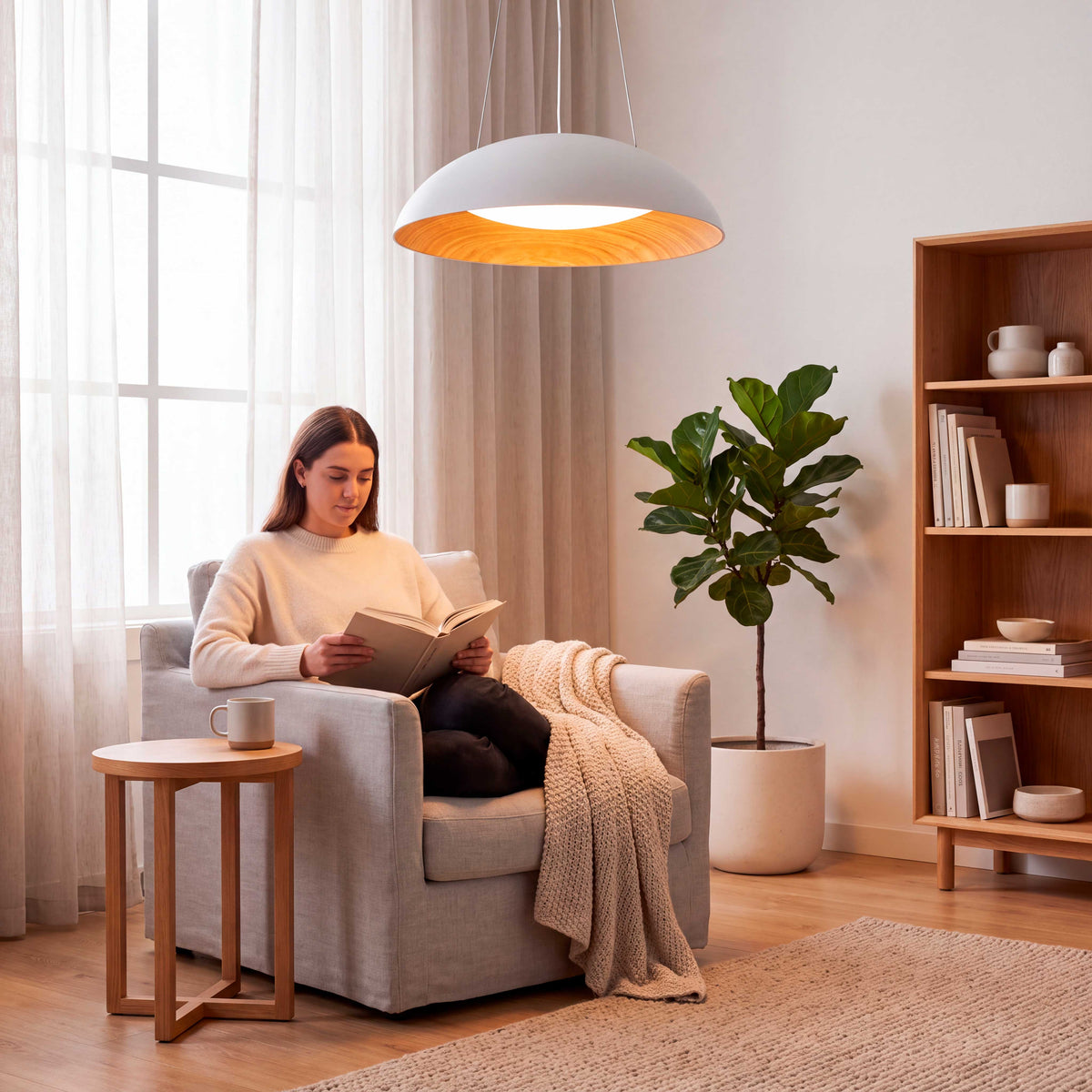 Ambiente de descanso con luminaria suspendida decorativa favoreciendo el relax en interiorismo escandinavo.