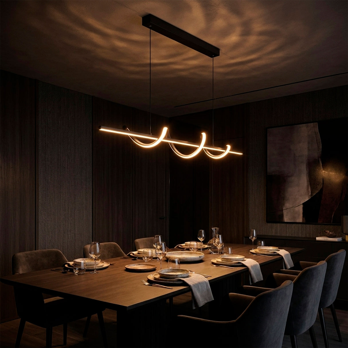 Efecto de luz escultórica en la oscuridad para ambientes sociales sofisticados e íntimos.