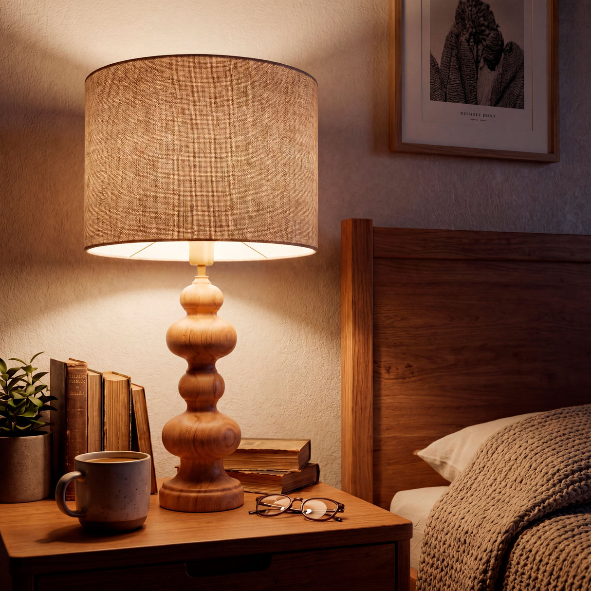 Lámpara de madera en mesilla de noche con accesorios, creando atmósfera de descanso.
