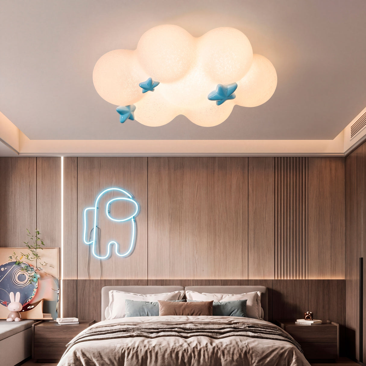 Vista nocturna del dormitorio iluminado por el resplandor suave de la nube LED.