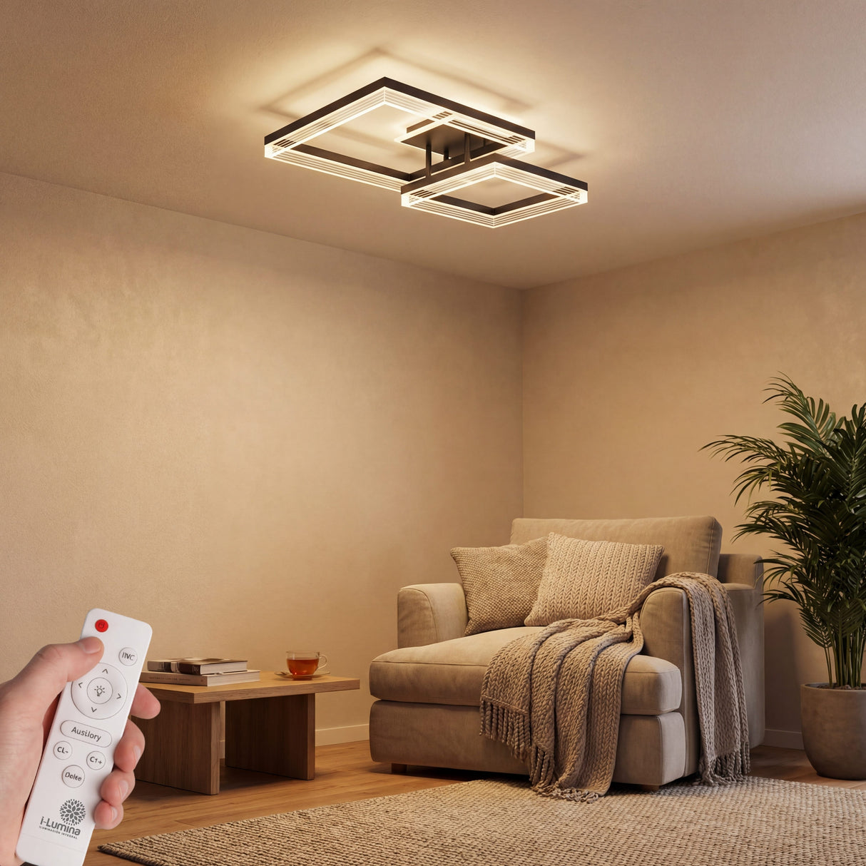 Luz tenue de plafón cuadrado en rincón de lectura con sillón y plantas de interior.