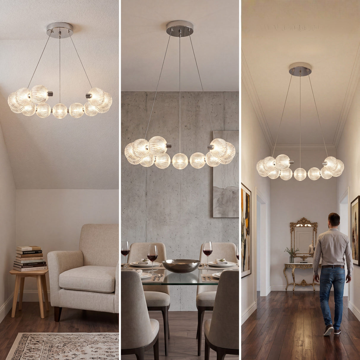 Collage de aplicaciones en salas y pasillos para la lampara LED Bangle Crystal.