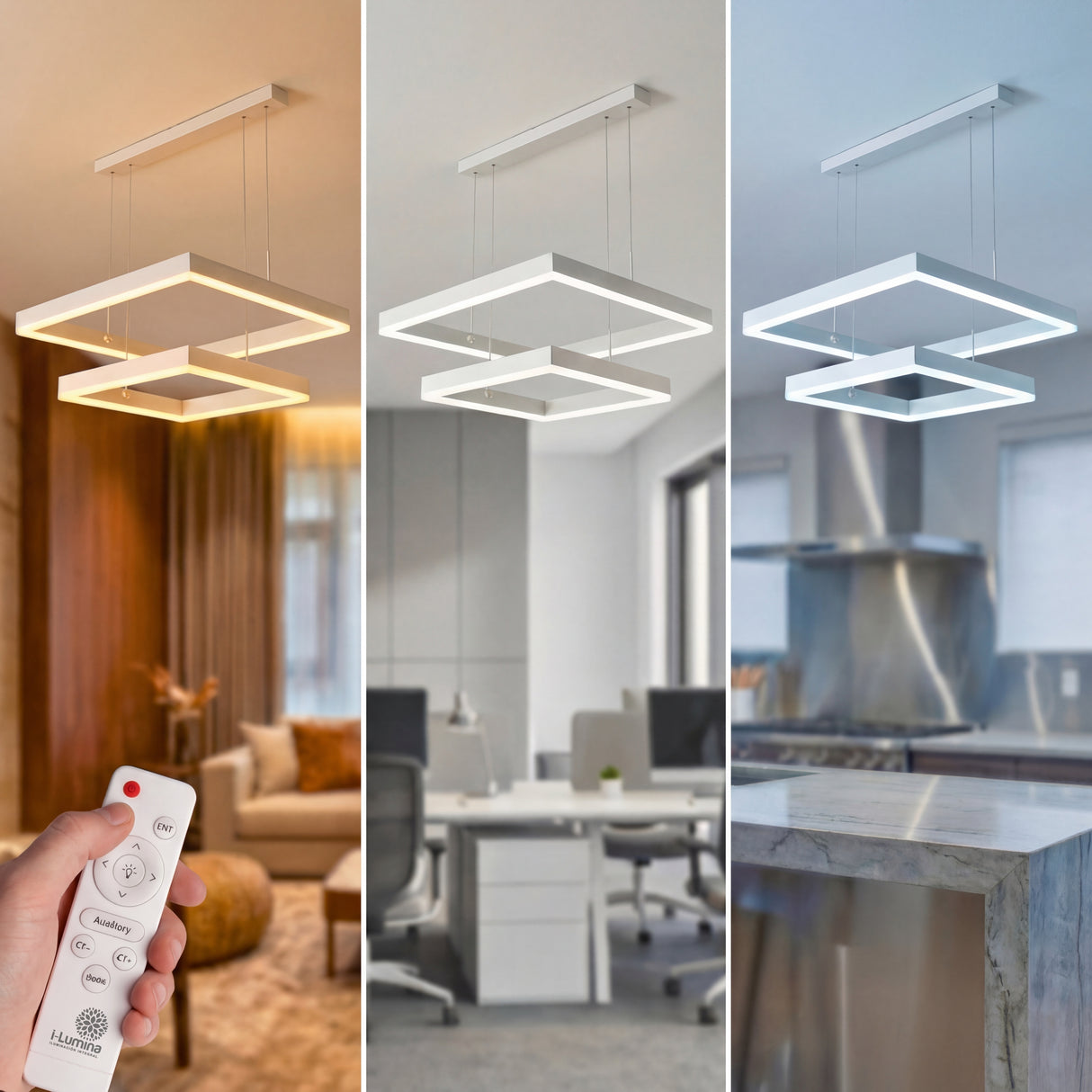 Comparativa de ambientes creados con luz cálida y fría en oficina con lámpara blanca