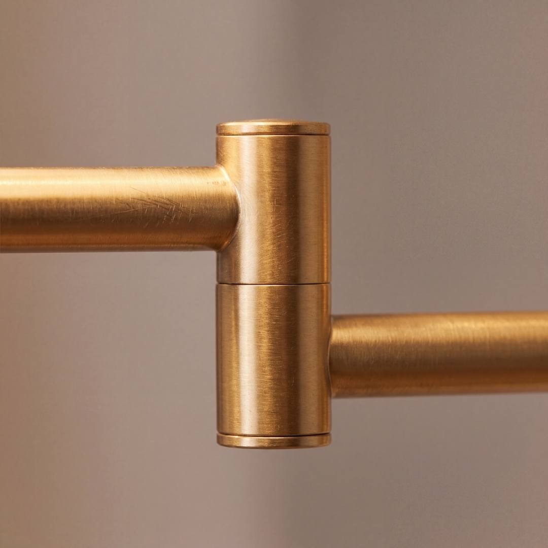 Detalle de la bisagra giratoria del brazo dorado del aplique articulable
