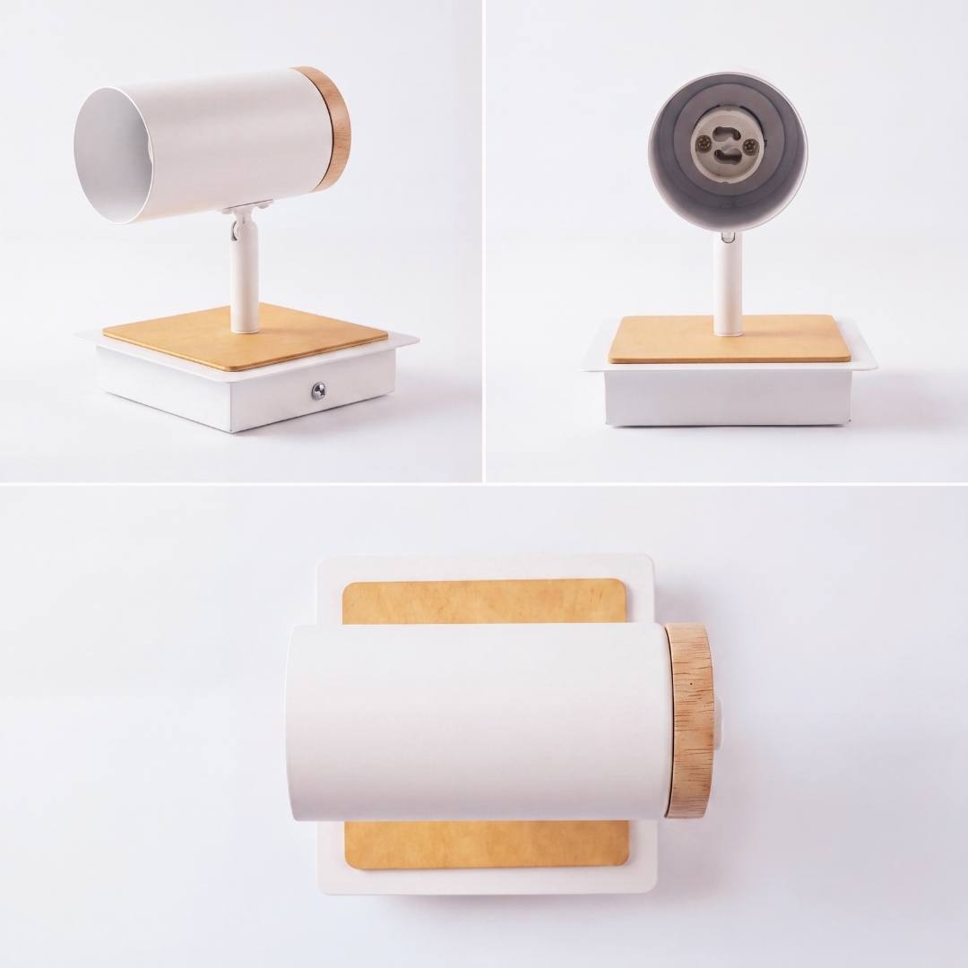 Vistas del aplique blanco con madera, socket GU10, foco no incluido