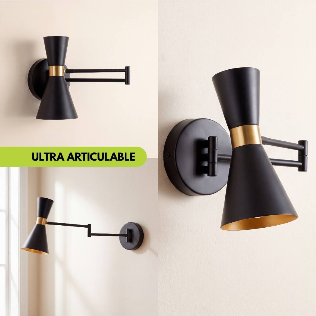 Brazo articulable de doble tramo del aplique de pared negro en distintas posiciones