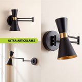 Brazo articulable de doble tramo del aplique de pared negro en distintas posiciones