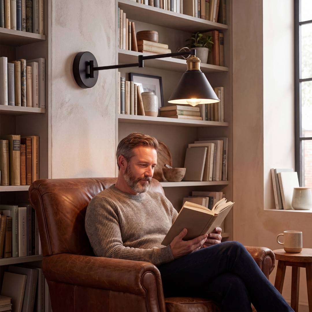 Hombre leyendo en sillón de cuero bajo el aplique de lectura ELSA