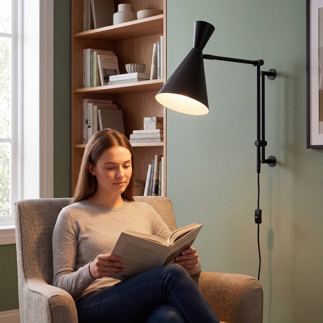 Mujer leyendo en su sillón bajo la luz cálida del aplique de lectura IRIS