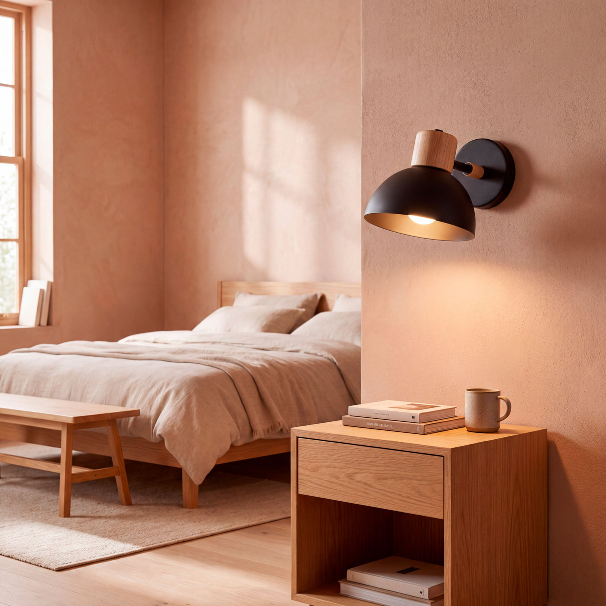 Aplique de pared negro iluminando velador de madera en dormitorio