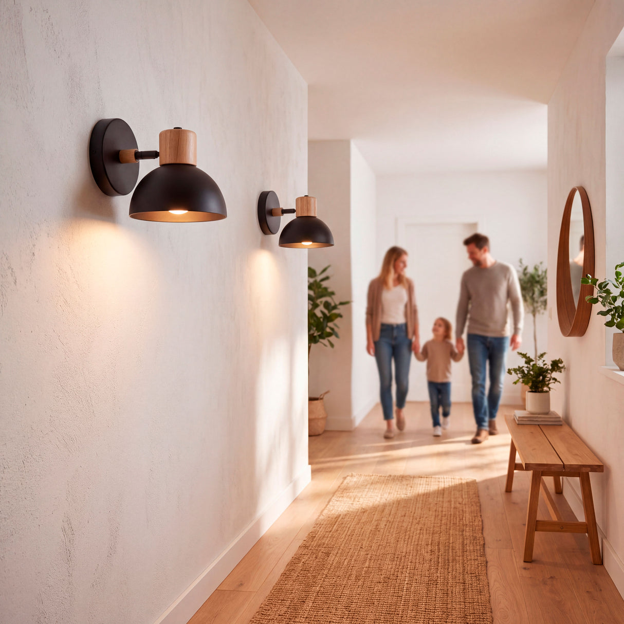 Aplique iluminando pasillo por donde camina una familia