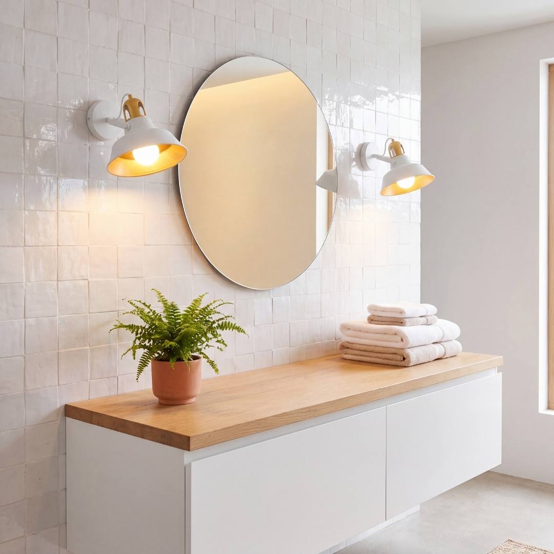 Apliques de pared SOHO blancos iluminando un baño moderno con espejo redondo