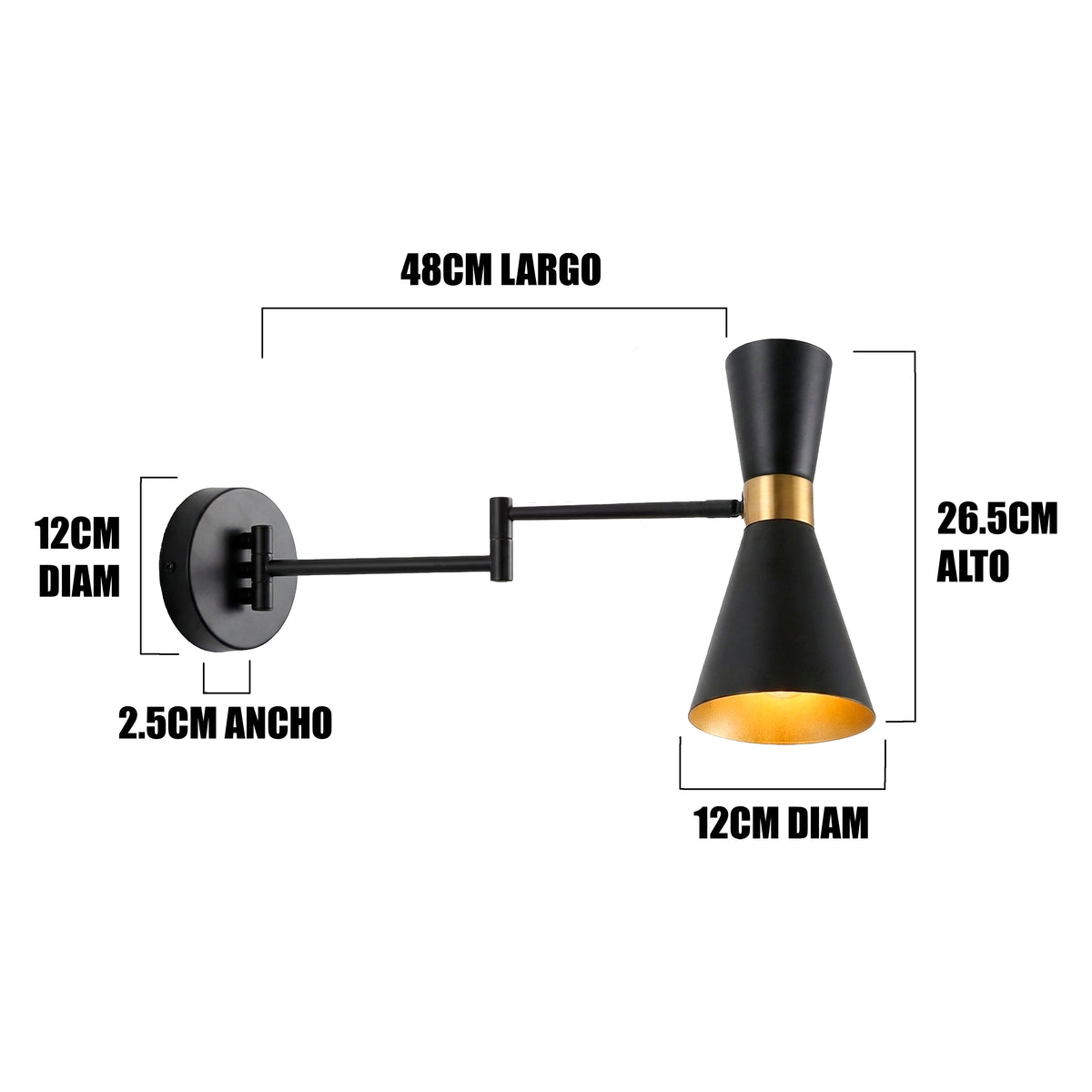 Dimensiones del aplique CAPRI BLACK GOLD: brazo de 48 cm y campana de 12 cm