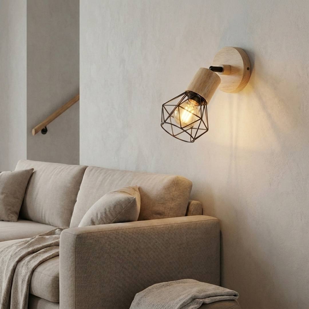 Aplique de pared de madera y jaula iluminando un comedor con mesa de madera