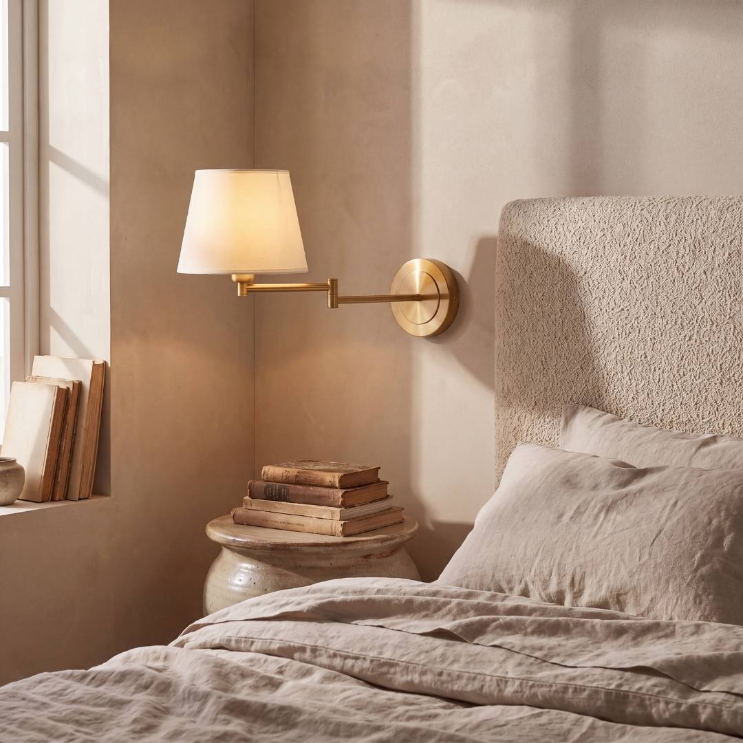 Aplique de pared dorado iluminando dormitorio con ropa de cama natural