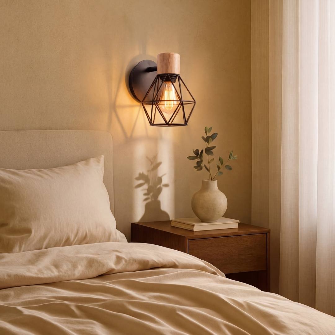 Aplique de pared negro con luz cálida en dormitorio acogedor