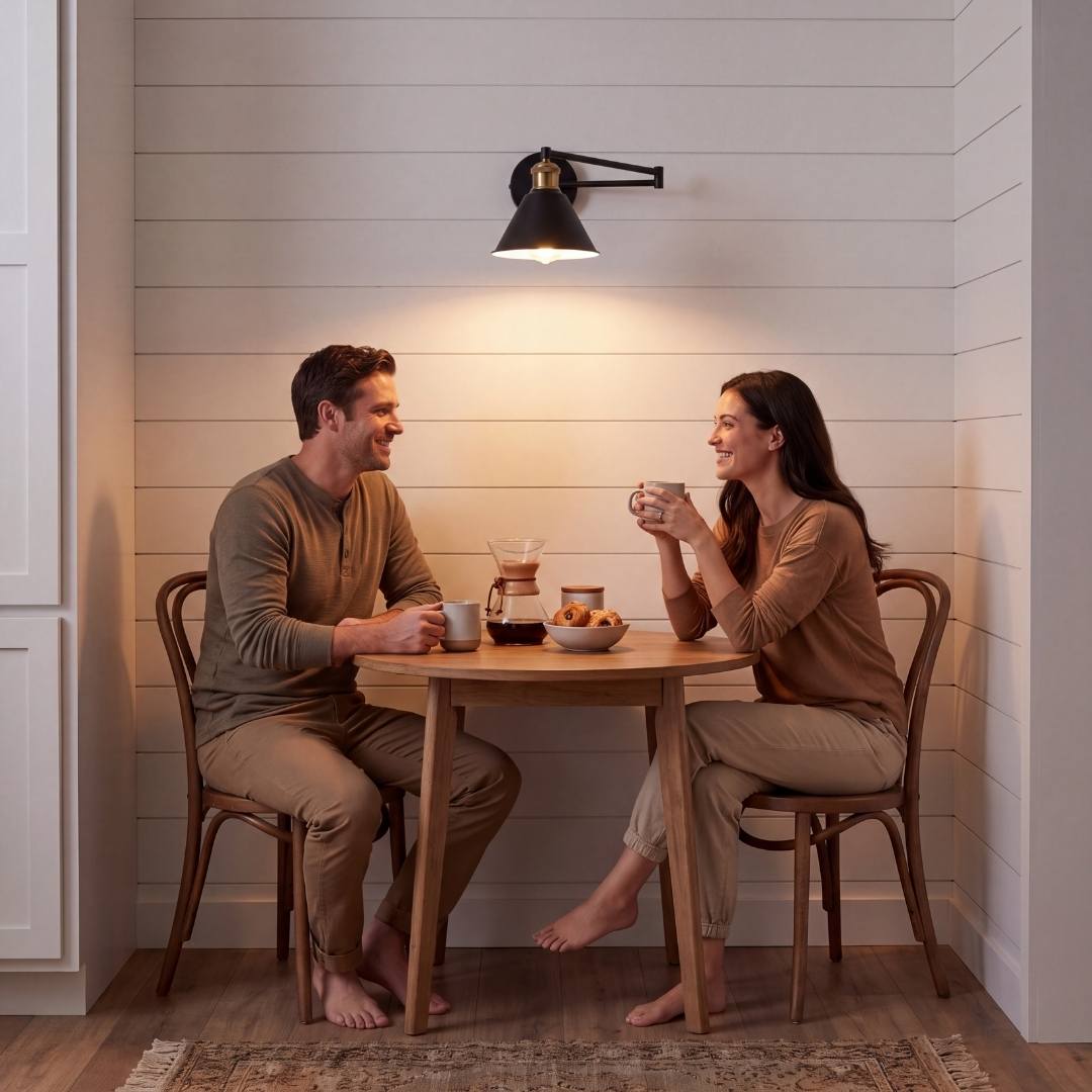 Pareja compartiendo en la mesa bajo la luz cálida del aplique ELSA