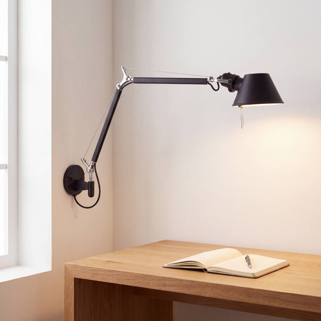 Aplique de pared articulable extendido iluminando escritorio de trabajo